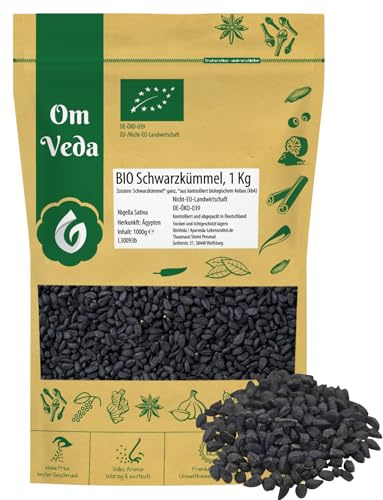 BIO Schwarzkümmel 1Kg Schwarzkümmelsamen ganz aus Ägypten Nigella Sativa | Organic Bio-zertifiziert DE-ÖKO-039 | Black Cumin | OmVeda Gewürze | Ideal für Küche, Tee und Öl 1000g