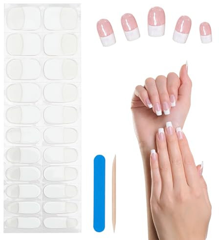 NICENEEDED 22 Pcs French Tip Gel Nail Stickers, Semi Cured Gel Nail Strips, Gel Polish Full Nail Wraps Short Square Nail Foil Self-Adhesive Nail Strips Stickers for Women Nail Art Manicure Nail Design
