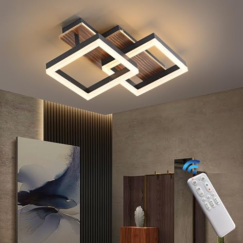 Meloweel LED Deckenlampe Holz dimmbar, Drehbar 350°, Massivholz Schwarz Vintage Deckenleuchte, 28W 40cm 2800lm 3000K-6000K mit Fernbedienung Schlafzimmerlampe, Memory-Funktion, 3W Nachtlicht