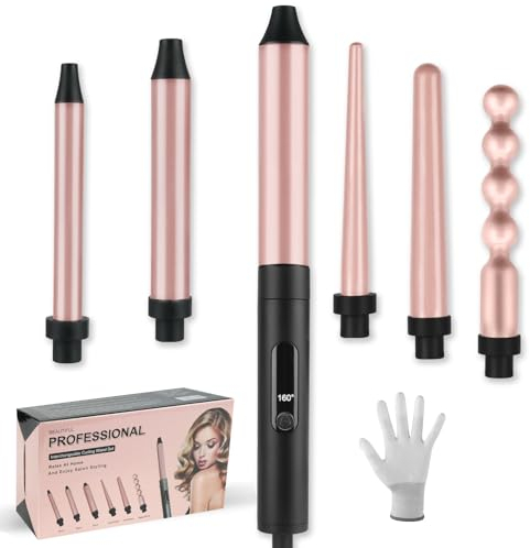 flintronic 6-in-1 Lockenstab-Set mit Keramikbeschichtung, Multifunktions Austauschbare Lockenstäbe mit LCD Anzeige, 160°C-200°C, Temperaturverstellbar, für Große Locken und Kleine Locken