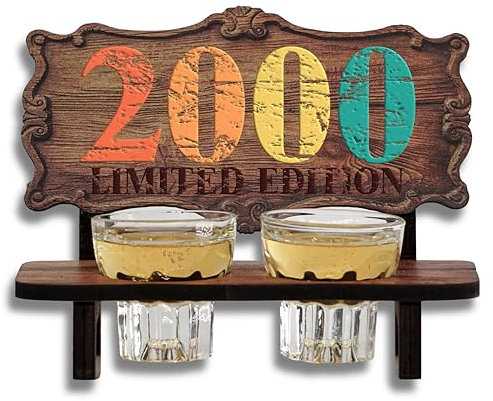 DARO Design - Schnapsbank Jahreszahl Geschenk zum 25. Geburtstag, Limited Edition Jahrgang 2000, Geburtstagsgeschenk Deko Vintage Retro Look lustige Geldgeschenke mit 2 Schnapsgläser, Geburtstagsdeko