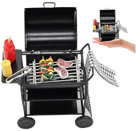 Mini Juego de Cocina Muebles de casa de muñecas en Miniatura 1:12 Juego de Barbacoa para casa de muñecas con brocheta, bistec, Botella de condimento, Toalla, Carrito de Barbacoa para casa de muñecas,