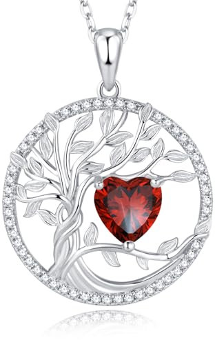 GEMLANTO Tree of Life Necklaces 925 Sterling Silver January Birthstone Garnet Necklace Red Heart Gemstone Birthstone Jewellery Gifts for Women Girls, 45+5cm Extenders