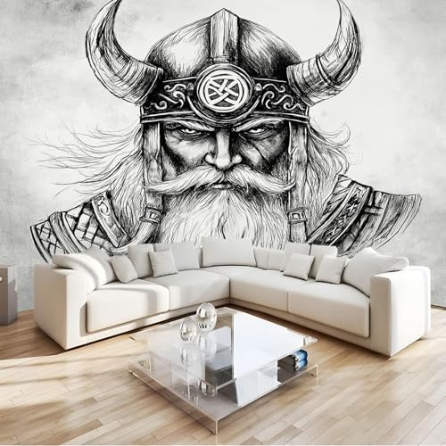 Grau Fototapete Wikinger-Krieger 3D Effekt Hochwertige Wanddekoration Tapete, Vlies Wandbild, Für Wohnzimmer Schlafzimmer Büro B350 X H256 Cm