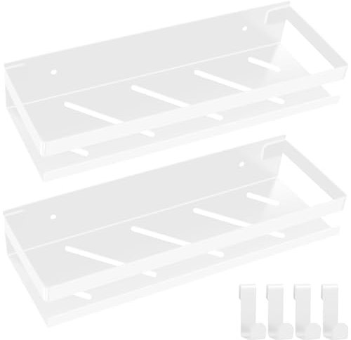 FoiiLiio Etagere Douche sans Percage 2 Pièces etagere Salle de Bain 30cm, Inox avec 4 Crochet, etagere Salle de Bain pour Le Gel douche et Le Shampooing, Blanc