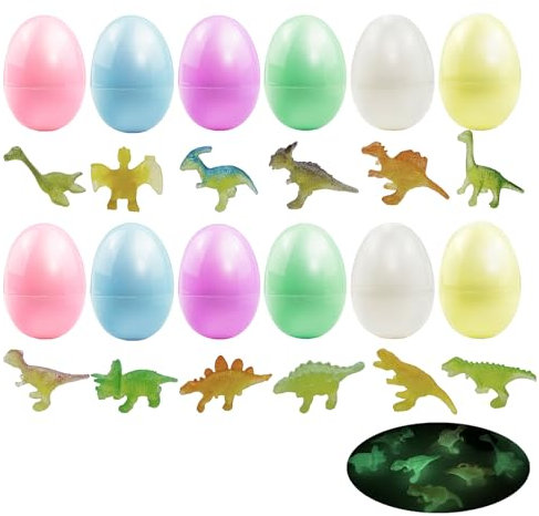 12 Pcs Oeufs de Pâques de 6cm, Pré-installé 12 Mini Dinosaures Noctilucents, Oeufs de Pâques Macarons en Plastique pour Trouver des Oeufs de Pâques, Remplissage de Panier, Cadeaux de fête de Pâques