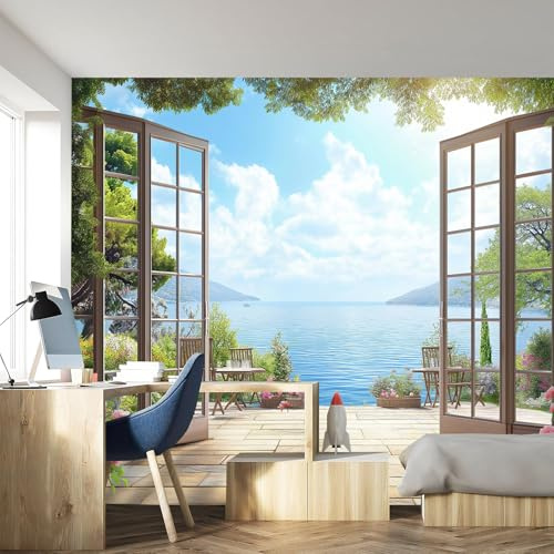 NAWVNMI Peel and Stick Coastal Wall Mural, Open Window Seaside View Wallpaper for Living Room Bedroom, Self Adhesive Removable Mediterranean Feature Wall Decor, 200 x 140 cm