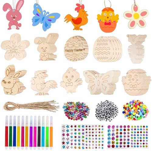 Forhome Ostern Basteln Holz, 264 Stück Holzanhänger Ostern zum Bemalen, Osterdeko Basteln Kinder, DIY Anhänger Osterhase Ostereier Küken, Mit Aquarellstift, Strass, Deko Schnur, Augen Zum Crafting