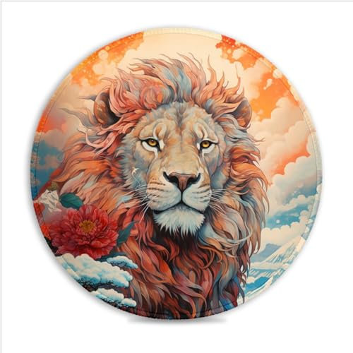 CHTXD Mauspad mit L?wenmotiv (20 x 20 cm), rund, aus SU-Stoff, mit ausfranssicheren N?hten und Gummiunterseite für pr?zise Steuerung für Gaming und Büro