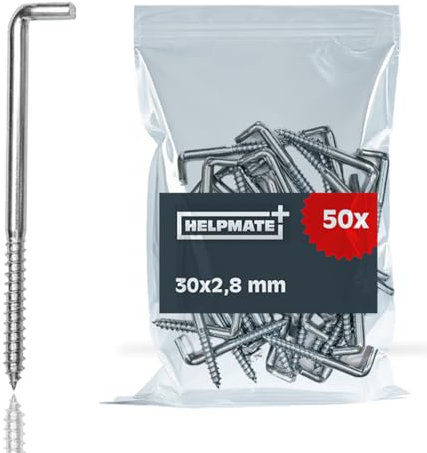 HELPMATE - Ganci a vite diritti 30x2,8x13x12 mm - acciaio zincato - 50 pezzi - Ganci per montaggio a parete