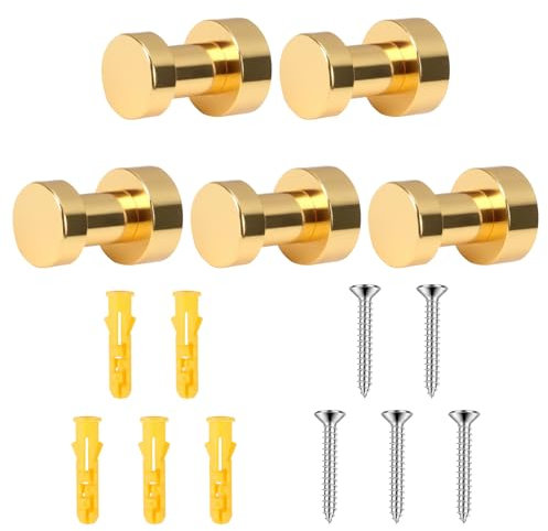 Gold Wall Hooks,5 Pack Round Coat Hooks for Hanging Clothes Drill or Adhesive Installation Heavy Duty Bathroom Brass Wall Mounted Towel Hook for Kitchen Home Door Bedroom Hotel Screw in Metal Hanger