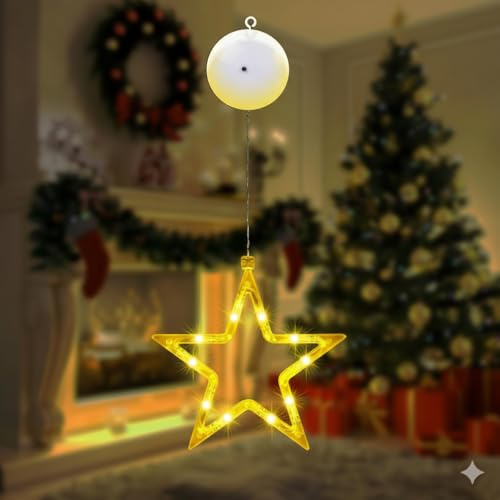 ULTECHNOVO Five-Pointed Star Window Lights 10 LED – Battery Operated & Suction Cup Mounted for Cord-Free Indoor Decoration – for Christmas Windows, Bedrooms, Party Displays, Kids’ Rooms