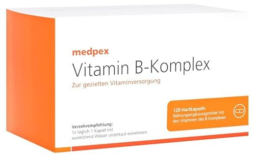 Medpex Vitamin B-Komplex – 120 Kapseln – Enthält di 8 B-Vitamine – Für Energiestoffwechsel, Nerven & Müdigkeit – Nahrungsergänzungsmittel