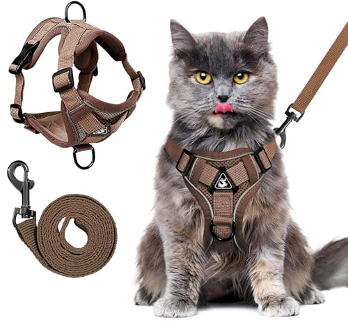 Katzengeschirr mit Leine, Verstellbar Katzenleine mit Geschirr für Katzen | Cat Harness mit Reflektierenden Streifen, für Katzen Kitten Hunde Welpen (Kaffee, S)