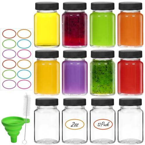 EkkoVla 12 Pack 60ml Glass Shot Bottles with Black Lids | Small Clear Jars for Ginger Shots, Wellness Juice, Whiskey & Samples – Includes Funnel, Brush & Stickers, Wide Mouth