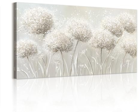 WENGTIAO Weißer Löwenzahn Blume Große Leinwand Bilder Kunstdrucke Gerahmt | Minimalistisches Weiß Geblümt Gemälde auf Leinwand für Modern Wohnzimmer Schlafzimmer Büro Wanddeko 100x50 cm