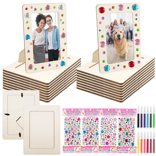 OGMBI 16 Stück Bilderrahmen-Holz-Set, 20 x 15 cm DIY Holzbilderrahmen Bastelset mit 12 Malstiften & Glitzer Stickern, Fotorahmen Basteln Set für Kinder Geburtstage, Hochzeit, Bemale