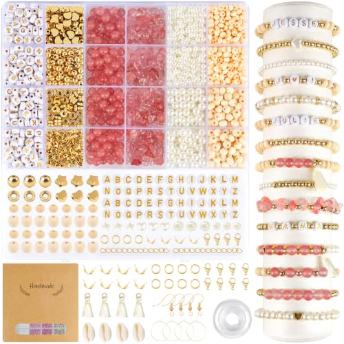 EUES Natürliche Wassermelonen Kristallstein Perlen für Armbänder, Edelstein Perlen Kit, Naturstein Perlen Set mit Holzperlen, Armbänder Selber Machen für DIY Perlen Bracelet Making Kit, Weihnachten