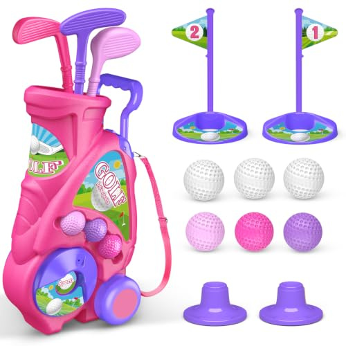 Naxudcoo Kids Golf Set for Girls, Kids Golf Clubs, Toddler Golf Set with 6 Balls, 3 Clubs, 2 Practice Holes, Indoor Outdoor Sport Toys Gifts for Boys Girls 2 3 4 5 6 Year Old