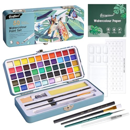 Connextion Aquarellfarben Set 50 Farben Leuchtende in Tragbarer Box, Aquarell Travel Set mit Pinsel & Mischpalette, Wasserfarben Malset für Reisen, Anfänger & Künstler