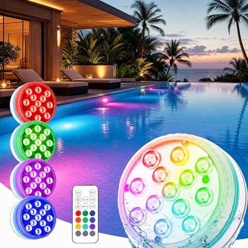 Fancysky Luce Subacquea con Telecomando, 16 Colori RGB con Led Sommergibili Luci, Rgb Luci Piscina Sommergibile, Mpermeabile IP68, Ideale per Piscina, Laghetto, Feste, Matrimoni e Natale (4 pezzi)
