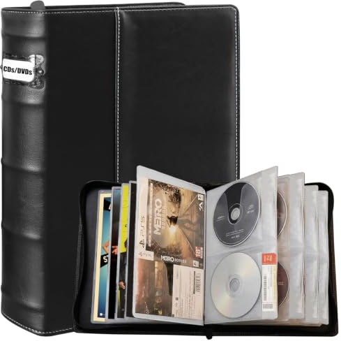 PUTNATRUE DVD Storage Binder, Leather CD Case 56 Discs with 28 Booklet | Tag Slots, Video Game & Blu-ray Storage, DVD Case Holder with Cover Art Page, CD Wallet, Media Organizer for Home and Car