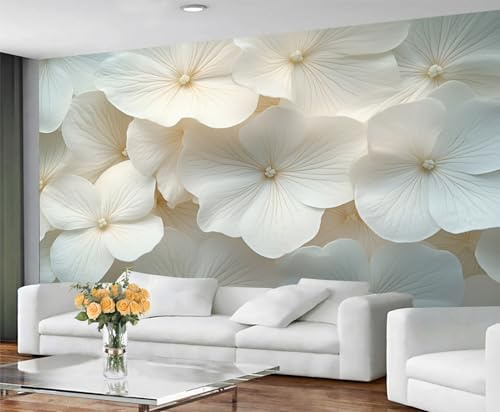 GIVLWF Floral Wallpaper Mural, White Flowers Bedroom Wallpaper, 3D Flowers Wall Paper for Living Room, Non-Self-Adhesive, Murals for Walls