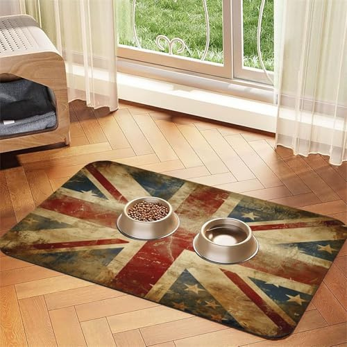 Zhufwei Pet Feeding Mat, 30x45cm Grungy Union Jack with Star Accents Art Absorbent PU Leather Dog Cat Bowl Mat with Non-Slip Rubber Backing, Quick Drying Waterproof Pet Food Mat for Floor Protection,