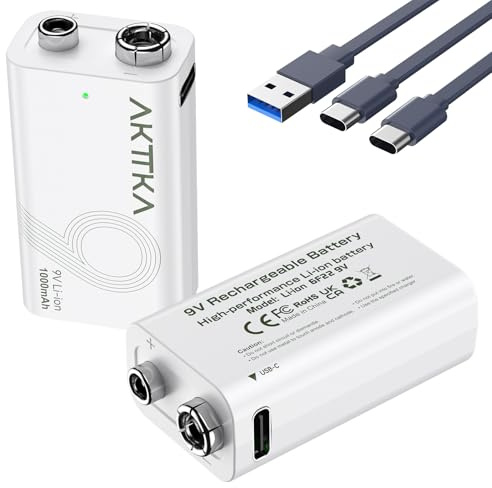 AKTTKA Lot de 2 Piles Rechargeables au Lithium 9V (1000mAh) | Câble de charge USB-C fourni, adapté aux Multimètres Portables, Aux Détecteurs de Métaux et Aux Testeurs de Ligne
