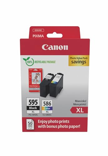 Canon Tintenpatrone – PG‑595XL / CL-586XL Original Druckerpatrone, 2er-Pack (1x Schwarz, 1x Farbe) + 50 Blatt 4x6-Fotopapier GP-501