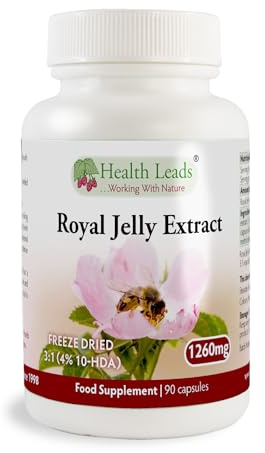 Royal Jelly Extract 1260mg | 4% 10-HDA | 90 Caps | Health Leads | 3:1 freeze-dried extract, equiv. 1260mg fresh Royal Jelly, 4% 10-HDA. Not vegan. Contains bee products.