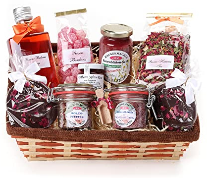 Geschenkkorb/Präsentkorb Rosenstrauß mit Rosen-Balsam-Essig, Rosenpfeffer, Kristallsalz mit Rosenblüten, Rosen-Fruchtaufstrich oder Honig mit Rosenöl, Rosenblüten-Senf und Schokolade mit Rosenblüten