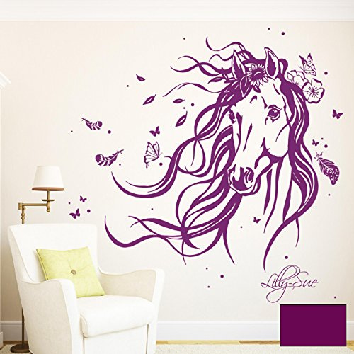 ilka parey wandtattoo-welt® Wandtattoo Pferd Wildpferd mit Blumen Federn Schmetterlingen und Wunschnamen M1874 ausgewählte Farbe: *lila* ausgewählte Größe: *XL - 115cm breit x 100cm hoch*