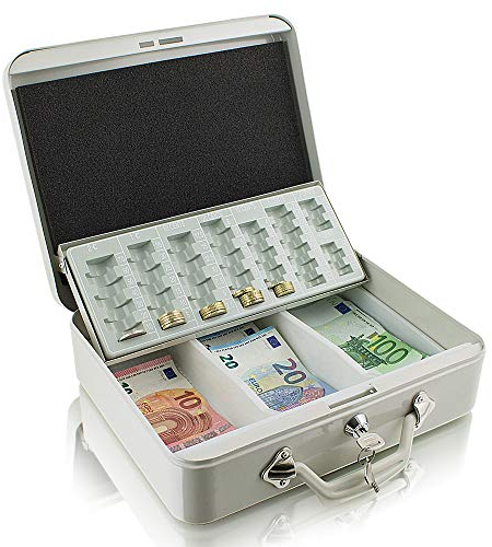 Stahl Geldkassette 30 cm groß, Geldkoffer, flach abschließbar Transportkassette Lichtgrau 300mm x 240mm x 90mm (B/T/H)