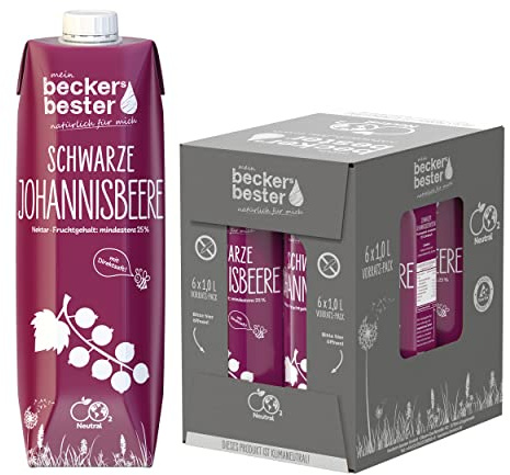 beckers bester Schwarze Johannisbeere - 6er Pack - Johannisbeersaft - mit Direktsaft - Co2-neutral hergestellt - Vegan - Ohne Konservierungsmittel - Ohne Gentechnik - Laktosefrei - (6 x 1000 ml)