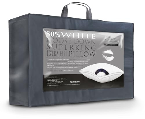 Littens Luxury Ultimate Collection Super King Size Extra Filled 50% Goose Down & Feather Pillow 280TC Cotton Casing (50cm x 90cm)