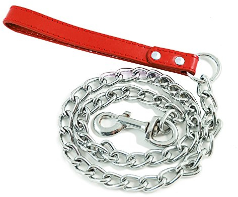BPS® Metallkette für Hunde und Haustiere mit Griffsteuerung, Leine für den Spaziergang mit dem Hund, mit Ledergriff und Kette, 4 Farben, 3 Größen zur Auswahl (4 mm x 100 cm, rot) BPS-2764RJ