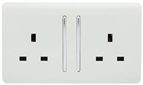 Trendi 2 Gang Raised Artistic Modern Glossy Screwless 13 Amp Single Pole with Chrome Switched UK Standard Electrical Double Wall Plug Socket in Ice White - ART-SKT213LWH