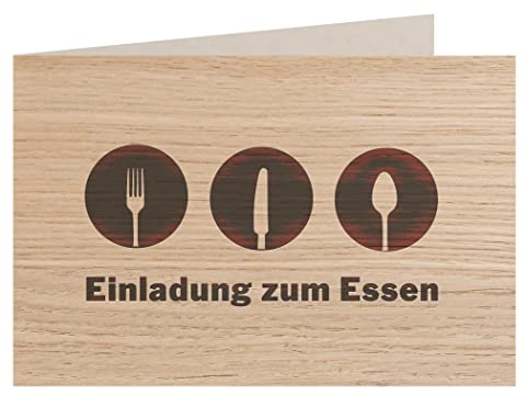 Holzgrußkarte - Einladung zum Essen - 100% handmade in Österreich - Postkarte, Geschenkkarte, Grußkarte, Klappkarte, Karte, Glückwunschkarte (Eiche)