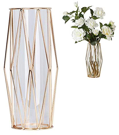 Perfuw Vase Glas Blumenvase Mit Geometrischem Metallständer, Kristallklare Terrarien Pflanzgefäß Knospen-glasvasen Für Blumen Hydroponikpflanze, Herzstück Für Zuhause/Büro/Hochzeit - Champagner Gold