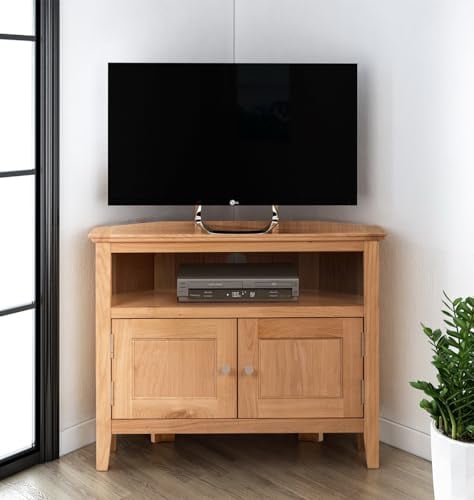 Hallowood Furniture Hereford Oak Small Corner TV Unit with with Cable Hole & Storage Cupboard, 2-Door Solid Wooden Light Oak TV Stand Cabinet with 1 Shelf, Corner Unit for Living Room or Bedroom