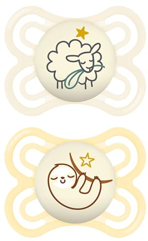MAM Perfect Night Soothers | 0-6 Months | 2 Pack | Glow in The Dark Dummies | Comes in Dummy Steriliser Case | Baby Accessories for Newborn | White (Various Designs)