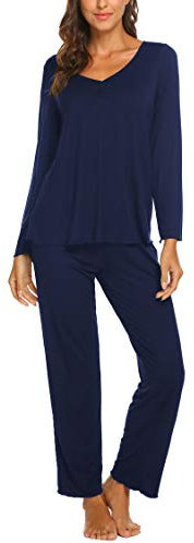 MAXMODA Donna Pigiami Due Pezzi Maniche Lunghe Autunno Pigiama Lungo Pajama Set, Blu Navy, S