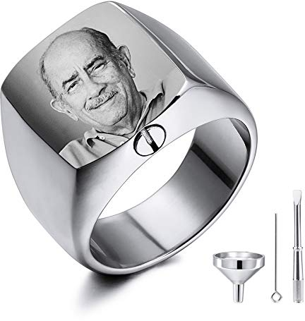MeMeDIY Personalisierte Urne Ring Siegelring für Frauen Männer Haustier Gravur Schwarz & Weiß Bild Gedenktaschenhalter aus Edelstahl Souvenir mit Trichterbausatz Ringgrößeneinsteller (Sliber Größe 65)