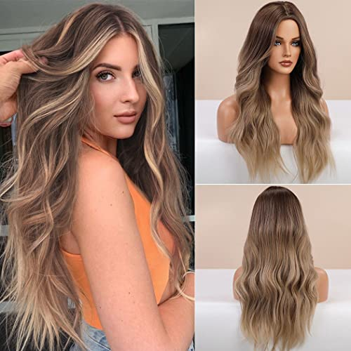 TANTAKO Lange Dunkelblond Perücke Ombre Perücke für Frauen Hitzebeständige Mittelteil Tägliche Braun Perücken mit Perücken kappe (Ombre Braun #0333)