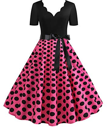 EFOFEI Femme Robe Swing Evasée Robe à Pois à Manches Courtes Robe à Carreaux à Manches Courtes Rose 3XL