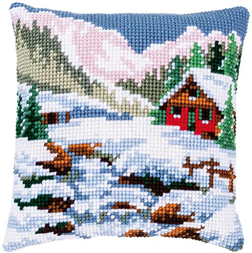 Vervaco Kreuzstich Stickpackungen Kissen Stickerei Set Anfänger Vorgedruckt Winterlandschaft DIY Set Kreativ Set Für Erwachsene Dekoratives Kissen ca. 40 x 40 cm Bastelset Handwerker Haus Dekoration