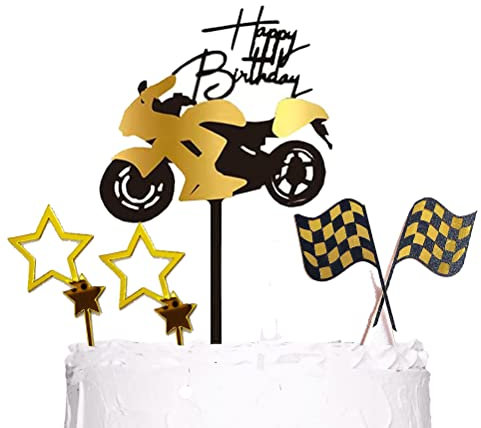 MiaLover 6 Stück Geburtstag Tortenstecker Happy Birthday Cake Topper Motorrad Auto Tortenaufsatz Acryl Kuchen Topper Glitter Stern Banner Tortendekoration für Männer Jungen Geburtstagsfeier Partys
