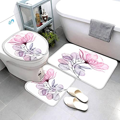 AOLIGL Badezimmermatte Set Blumen 3D Drucken Pinke Rose Teppich Badezimmer Badgarnitur 3teilig Mikrofaser Bath mat U-förmigen Contour Matte- WC Vorleger 40 x60