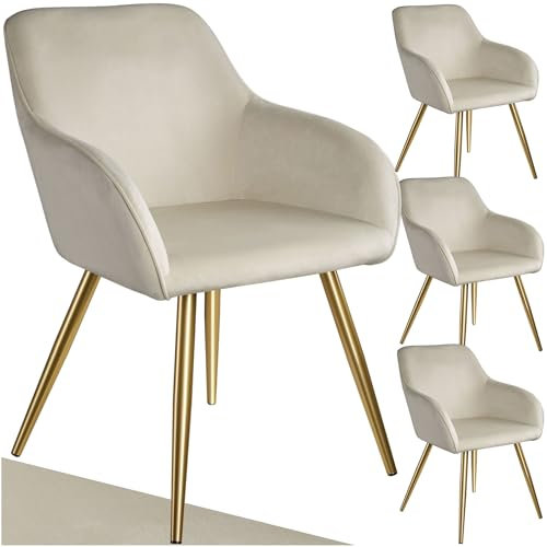 TecTake® Lot de 4 Chaises de Salle à Manger rembourrées Modernes Fauteuil Salon Chaise Velours Chaise Scandinave Pieds en Acier Doré Élégant avec Accoudoirs Chaise pour Coiffeuse, Chambre, Coiffeuse